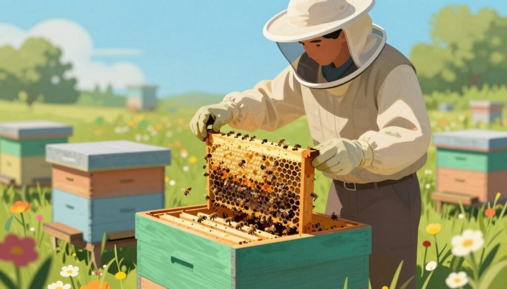 A detailed illustration focusing on “thymol treatment timing for varroa,” featuring a vibrant apiary scene. In the foreground, an open beehive with bees actively working, surrounded by colorful flowers, emphasizing the natural environment. The middle ground shows a beekeeper in modest casual clothing, inspecting the hive and applying thymol treatment; their focused expression highlights the importance of timing in mite management. In the background, a clear blue sky contrasts with sunlit greenery, indicating a seasonal change, suggesting the ideal application period for thymol. Soft, natural lighting casts gentle shadows, enhancing the serene yet critical atmosphere of bee care. The composition is angled from a slight elevation, offering a comprehensive view of the hive’s activity and the beekeeper’s actions.