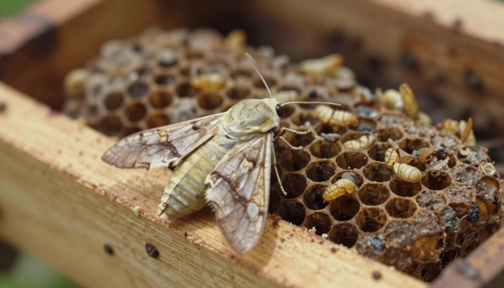 A detailed illustration of a bald brood wax moth perched on the edge of an uncapped beehive cell. In the foreground, the moth is depicted with its distinctive features, showcasing its bald, pale body and delicate wings in muted browns and yellows. The middle ground presents uncapped honeycomb cells, some containing dead larvae, highlighting the impact of wax moth infestations. The background features a blurred hive interior, with soft, diffused lighting that enhances the somber atmosphere. The angle is slightly tilted to give depth, emphasizing the vulnerability of the hive. Overall, the image conveys a sense of unease and loss within a natural setting, making it a compelling visual for the topic.