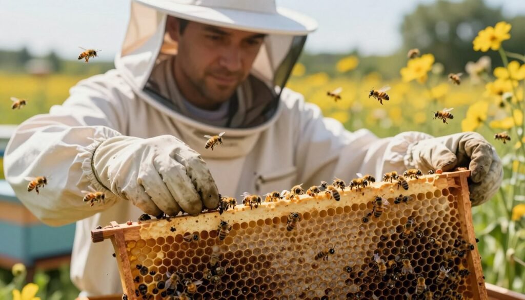 A detailed illustration of a beekeeping scene focused on the concept of "Brood Break." In the foreground, show a close-up of honeycomb frames with capped and uncapped brood cells, emphasizing the presence of Varroa mites. In the middle ground, depict a beekeeper wearing protective gear, examining a frame of bees under natural sunlight, presenting a focused expression. The background features a beehive surrounded by vibrant wildflowers, with bees actively flying around. The lighting is warm and natural, evoking a calm atmosphere. Use a shallow depth of field to soften the background slightly, drawing attention to the beekeeper’s interaction with the bees. This composition highlights the scientific approach to managing Varroa mites through the brood break technique. A detailed illustration of a beekeeping scene focused on the concept of "Brood Break." In the foreground, show a close-up of honeycomb frames with capped and uncapped brood cells, emphasizing the presence of Varroa mites. In the middle ground, depict a beekeeper wearing protective gear, examining a frame of bees under natural sunlight, presenting a focused expression. The background features a beehive surrounded by vibrant wildflowers, with bees actively flying around. The lighting is warm and natural, evoking a calm atmosphere. Use a shallow depth of field to soften the background slightly, drawing attention to the beekeeper’s interaction with the bees. This composition highlights the scientific approach to managing Varroa mites through the brood break technique.