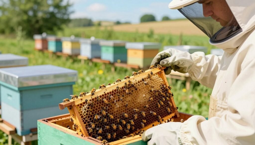 A detailed illustration of a beekeeping scene focused on varroa mite management during the growth stage of honey bee colonies. In the foreground, depict a close-up of a beekeeper, dressed in professional attire including a protective suit and gloves, inspecting a beehive frame filled with healthy bees and a few visible varroa mites. In the middle ground, show multiple beehives in an organized apiary setup, with lush greenery surrounding them, emphasizing an environment conducive to hive growth. In the background, include a soft-focus, sunny landscape with a blue sky, enhancing the optimism of beekeeping. Utilize natural lighting to highlight the details of the bees and mites, while keeping the atmosphere calm and focused on health and management in beekeeping.
