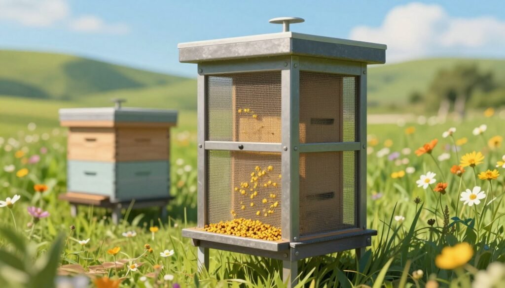 A detailed illustration of a bottom-mounted pollen trap designed for small apiaries, positioned in the foreground. The trap should be made of durable materials, showcasing intricate mesh screens and collection containers. In the middle ground, a well-maintained beehive is visible, surrounded by vibrant wildflowers. Soft natural sunlight illuminates the scene, casting gentle shadows that enhance the textures of the pollen trap and the surrounding environment. The background features a lush green landscape, with gentle hills and a clear blue sky to evoke a sense of tranquility and productivity. The atmosphere is calm and inviting, emphasizing the efficiency and benefits of the bottom-mounted trap design for promoting healthy beekeeping practices.