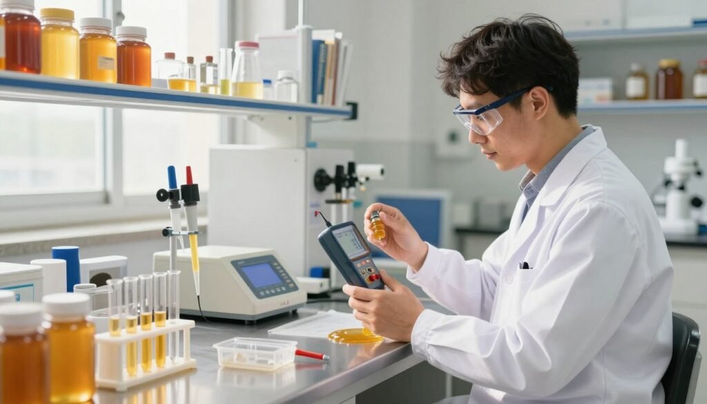A detailed illustration of a conductivity testing workflow in a modern food production lab setting. In the foreground, a professional in a white lab coat and safety goggles is holding a conductivity meter, inspecting a sample of honey. The middle section features laboratory equipment like test tubes, a digital display, and pipettes arranged neatly on a stainless steel workbench. Soft, diffused daylight streams through large windows, illuminating the workspace and creating a clean, sterile atmosphere. In the background, shelves filled with scientific reference books and honey production supplies can be seen. The color palette should be warm and inviting, with a focus on yellows and browns to reflect the honey theme. The overall mood is focused and methodical, capturing the essence of quality control in honey production.
