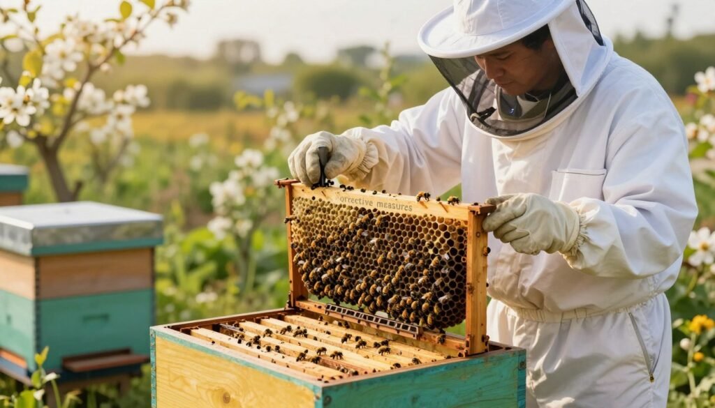 A detailed illustration of a "corrective measures hive" in the context of beekeeping. In the foreground, depict a vibrant hive structure with distinct chambers representing different nucleated colonies, showing their interconnections and corrective elements like barriers and bridges. The middle ground features a careful beekeeper wearing a white suit and veil, inspecting the hive with tools like a hive tool and smoker. In the background, a lush garden blossoms, symbolizing harmony and balance, under soft, golden afternoon sunlight. Use a shallow depth of field to focus on the hive and the beekeeper, while maintaining a blurred, picturesque landscape behind them. The atmosphere should be calm and professional, emphasizing the importance of balance and corrective measures in bee management.