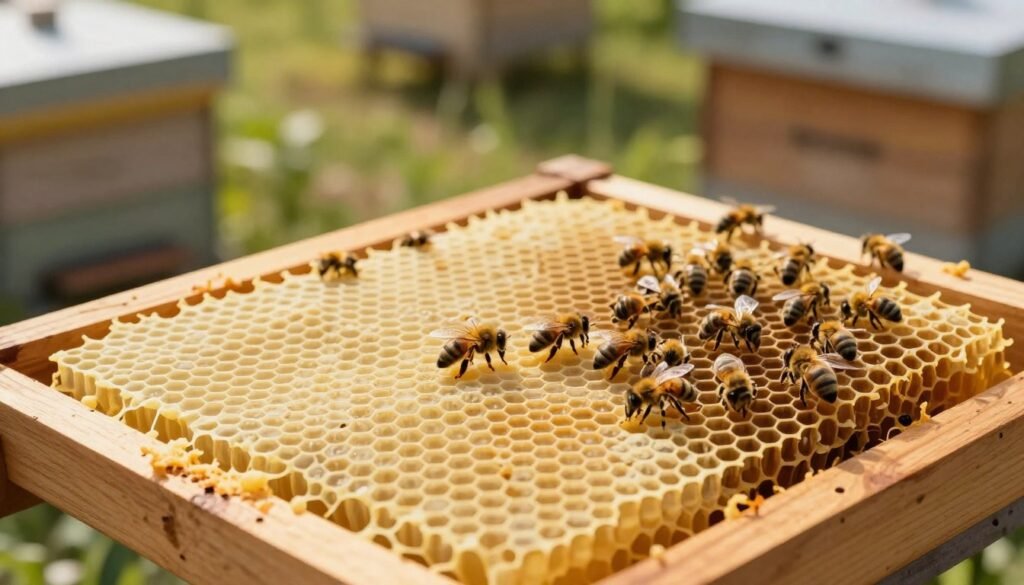 A detailed illustration of a foundation guide for comb development, focusing on a close-up view of a honeycomb structure resting on a wooden hive frame. In the foreground, show finely textured beeswax foundation sheets with hexagonal cells that are ready for bees to build comb. The middle section includes a gentle swirl of bees diligently working on the foundation, demonstrating their interaction with the cells. In the background, include a softly blurred apiary setting under warm, natural sunlight, with hints of green foliage and wooden hives. The overall atmosphere should be calm and industrious, invoking a sense of harmony in nature. Use a shallow depth of field to emphasize the foundation, with soft, diffused lighting enhancing the details of the bees and wax.