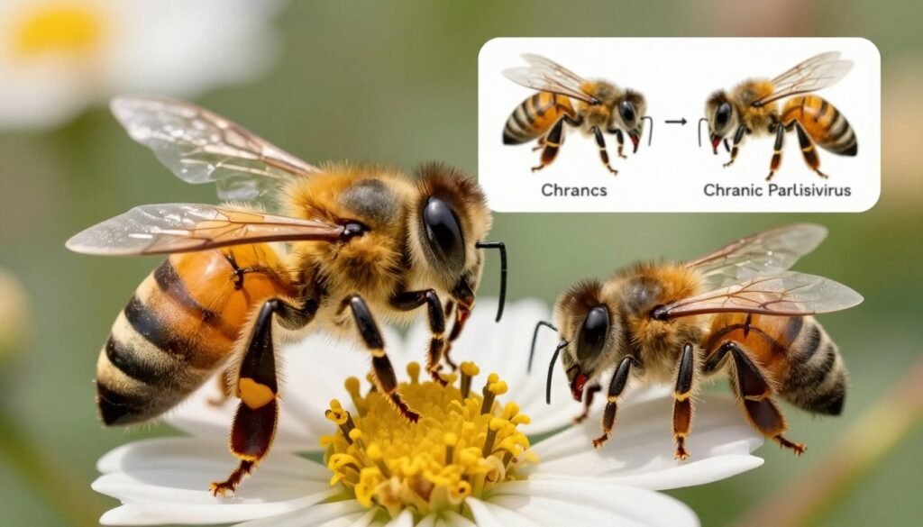 A detailed illustration of a honey bee, focusing on its anatomy and differences caused by Chronic Bee Paralysis Virus and pesticide poisoning. In the foreground, depict a healthy honey bee with vibrant yellow-black striped patterns, clear wings, and a lively demeanor, contrasted with a diseased honey bee showing signs of paralysis: disheveled fur, dull colors, and a sluggish posture. In the middle ground, include informative visual elements like medical diagrams or labels indicating the affected areas of the sick bee. The background should feature a soft-focus garden scene with flowers, under natural sunlight to evoke a warm atmosphere. Use a macro lens effect for sharp detail on the bees, enhancing the educational aspect while promoting a connection to nature, without any text or watermarks.
