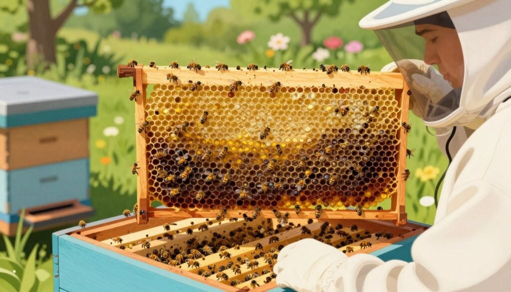 A detailed illustration of a honeybee hive showcasing a diagnostic testing scene for hive health. In the foreground, a close-up of a beekeeper in a protective suit, inspecting brood frames under natural sunlight, with a focus on both healthy and diseased brood patterns. The middle section features a well-organized hive, with bees actively working, emphasizing vibrant colors of healthy larvae and contrasting darker, unhealthy brood. In the background, a lush green garden provides a calming atmosphere, with blooming flowers and distant trees, depicting a healthy environment. Soft lighting highlights the textures of the wood and bees, creating a serene and informative mood, ideal for illustrating hive health diagnostics.