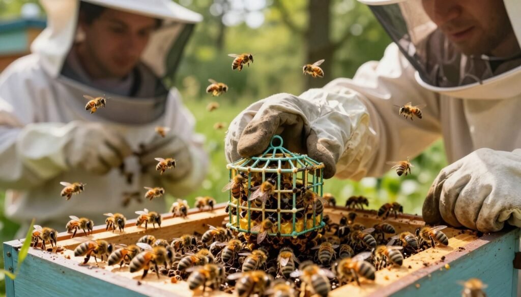 A detailed illustration of a honeybee release process, focusing on the careful introduction of a new queen into a hive. In the foreground, a close-up of the new queen bee in a small protective cage, surrounded by worker bees, all exhibiting various busy behaviors. In the middle, visualize a beekeepers' hand gently holding the cage, wearing professional beekeeping gloves, with an attentive expression. In the background, the hive entrance teeming with bees flying in and out, surrounded by lush greenery and sunlight filtering through the trees. The atmosphere evokes a sense of calm and focus, highlighted by warm, natural lighting that captures the importance of this delicate moment in beekeeping practices. The angle is slightly elevated, offering a comprehensive view of the scene without any distractions.