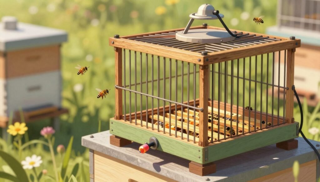 A detailed illustration of a manual release queen cage, featuring its intricate design and functionality. In the foreground, showcase the cage prominently, focusing on the release mechanism and candy plug, with close-up details highlighting its craftsmanship. The middle ground includes a few bees discreetly hovering around the cage, suggesting its interaction with the environment. In the background, softly blurred flowers and greenery create a natural, outdoor setting that enhances the beekeeping theme. Utilize natural sunlight filtering through the foliage to create a warm and inviting atmosphere, casting subtle shadows for depth. The overall mood should be calm and educational, emphasizing the importance of properly managing bee introductions in a hive setting.