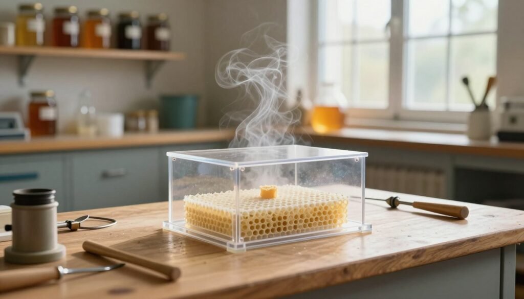 A detailed illustration of a pheromone diffusion queen cage situated on a wooden workbench in a well-lit, organized beekeeping workshop. In the foreground, the queen cage, sleek and transparent, is filled with a small candy plug, with pheromones visibly diffusing from it as glowing, ethereal wisps. The middle ground features various beekeeping tools, such as a smoker and hive tool, arranged neatly, showcasing a sense of professionalism. The background includes shelves lined with jars of honey and bee-related literature, softly illuminated by natural light streaming through a window. The atmosphere is serene and informative, emphasizing the importance of pheromone diffusion in bee colony acceptance. The overall mood is calm and scientific, appealing to enthusiasts and researchers alike.