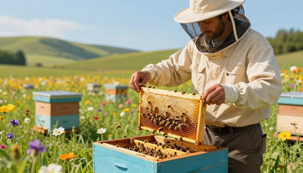 A detailed illustration of a professional beekeeper in modest casual clothing inspecting a vibrant honey bee hive in a lush green meadow during a sunny day. In the foreground, display the beekeeper holding a frame filled with honeycomb, showcasing the busy bees at work. The midground features blooming flowers of various colors, symbolizing the importance of pollination. In the background, a scenic landscape with rolling hills and a clear blue sky emphasizes the natural setting. The lighting is warm and inviting, creating a cheerful and hopeful atmosphere. Emphasize the connection between bees and flowers, highlighting the critical role of pollination and the need for liability insurance in beekeeping. The overall mood is professional and educational, suitable for explaining the significance of pollination service liability insurance.