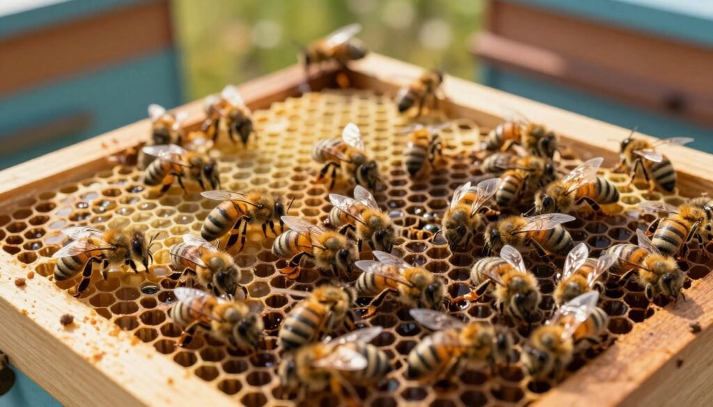 A detailed illustration of a queen bee brood pattern in a well-maintained beehive. In the foreground, focus on a section of honeycomb cells showcasing developing bee larvae, with a healthy mix of capped and uncapped brood. The middle layer includes active worker bees tending to the brood, illustrating their nurturing behavior. The background features a blurred view of the hive environment, emphasizing a natural, warm lighting atmosphere, reminiscent of a sunny afternoon. Capture this scene from a slight overhead angle, providing depth while maintaining a clear view of the brood cells. The image evokes a sense of harmony and growth, highlighting the intricacies of bee life, with vivid colors and textures that bring the hive to life. A detailed illustration of a queen bee brood pattern in a well-maintained beehive. In the foreground, focus on a section of honeycomb cells showcasing developing bee larvae, with a healthy mix of capped and uncapped brood. The middle layer includes active worker bees tending to the brood, illustrating their nurturing behavior. The background features a blurred view of the hive environment, emphasizing a natural, warm lighting atmosphere, reminiscent of a sunny afternoon. Capture this scene from a slight overhead angle, providing depth while maintaining a clear view of the brood cells. The image evokes a sense of harmony and growth, highlighting the intricacies of bee life, with vivid colors and textures that bring the hive to life.