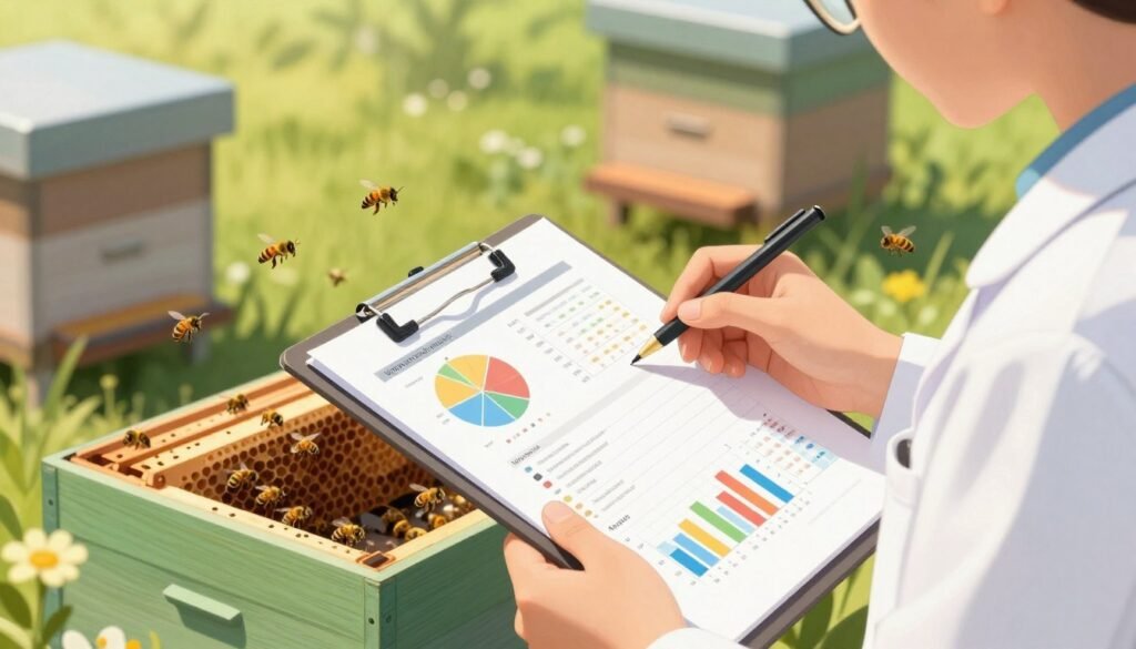 A detailed illustration of a scientist in professional attire examining test results related to bee health, with a focus on Varroa mite sampling. In the foreground, display a close-up of the scientist holding a clipboard filled with colorful charts and graphs. The middle ground features an open hive with bees actively flying around, emphasizing the importance of bee health monitoring. In the background, a bright, sunny day sets the atmosphere with vibrant green surroundings and flowering plants. Use soft, warm lighting to create an optimistic mood, highlighting the connection between data analysis and bee wellbeing. Capture the scene from a slightly elevated angle, showcasing both the test results and the bees in action, symbolizing the relationship between science and nature.