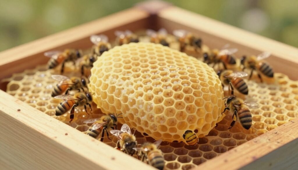 A detailed illustration of a supersedure cell, prominently displayed in the foreground, showcasing its distinct structure: a cup-shaped cell with a smooth, waxy surface, filled with honeycomb patterns, and a developing larva at its base. In the middle ground, a cluster of worker bees can be seen tending to the cell, their fuzzy bodies glistening under soft, natural light. The background features a well-organized beehive, with wooden frames and combs, adding an authentic touch to the scene. Use a macro lens perspective to capture the intricate details of the cell and bees, with a warm, calm atmosphere to reflect a serene yet busy hive environment. Focus on natural colors like golden yellows and gentle browns to evoke a sense of harmony in the beekeeping world. A detailed illustration of a supersedure cell, prominently displayed in the foreground, showcasing its distinct structure: a cup-shaped cell with a smooth, waxy surface, filled with honeycomb patterns, and a developing larva at its base. In the middle ground, a cluster of worker bees can be seen tending to the cell, their fuzzy bodies glistening under soft, natural light. The background features a well-organized beehive, with wooden frames and combs, adding an authentic touch to the scene. Use a macro lens perspective to capture the intricate details of the cell and bees, with a warm, calm atmosphere to reflect a serene yet busy hive environment. Focus on natural colors like golden yellows and gentle browns to evoke a sense of harmony in the beekeeping world.