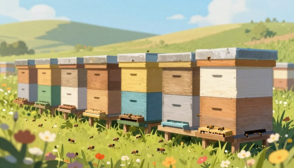 A detailed illustration of a three-week rotation method hive situated in a bright, sunny apiary, showcasing a well-organized set of beehives with a focus on the foraging bees. In the foreground, vibrant flowers and greenery attract bees, creating a lively atmosphere. The middle ground features several distinct beehives, stacked neatly, with visible entrance holes and the hive boxes displaying variations in color. In the background, gentle rolling hills fade into a clear blue sky, emphasizing the tranquility of the setting. The lighting is warm and inviting, capturing the essence of a sunlit day, while a subtle depth of field draws attention to the hives and the busy bees in the foreground. The calm, productive mood conveys the importance of safe bee relocation practices, reflecting a sustainable beekeeping approach.
