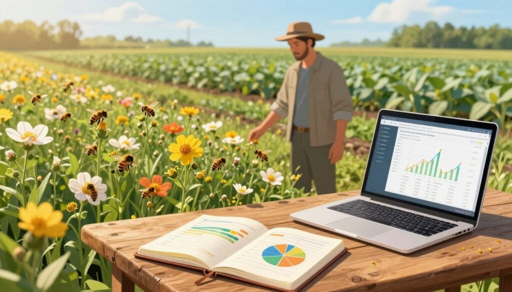 A detailed illustration of a vibrant, working farm scene focusing on the theme of pollination data collection. In the foreground, a rustic wooden table holds an open notebook filled with colorful charts and graphs depicting pollen season dates, alongside a laptop displaying real-time data analytics. In the middle ground, blooming flowers attract busy bees, emphasizing the importance of pollination, while a farmer, dressed in modest casual clothing, observes this activity with a look of concentration and determination. The background showcases rows of lush crops under a bright, sunny sky, with soft, golden light illuminating the entire scene. The overall atmosphere conveys a sense of harmony between nature and agriculture, highlighting the vital role of pollination in farming.