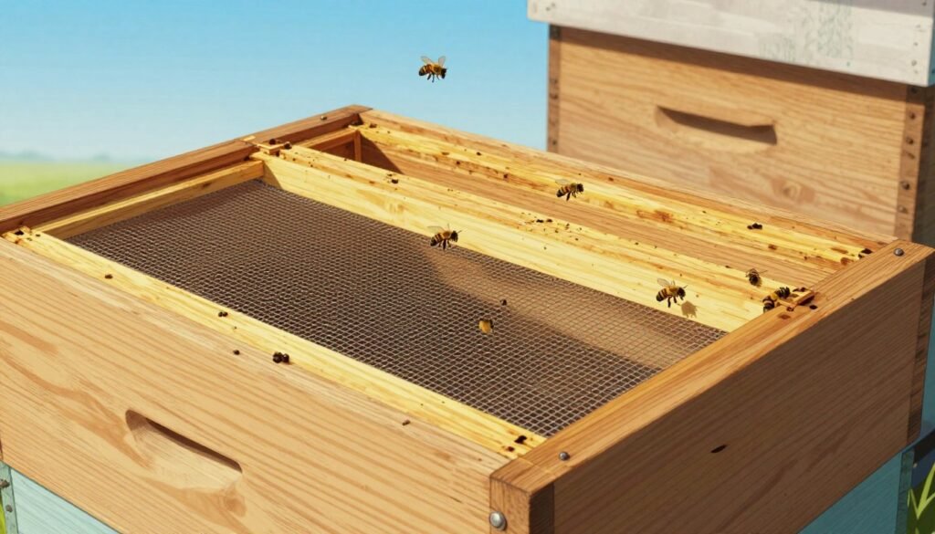 A detailed illustration of a wooden screened bottom board, showcasing its ventilation features ideal for hot climates. In the foreground, a close-up of the board reveals the fine mesh screen integrated into the wooden frame, allowing airflow while preventing pests. In the middle ground, visualize the board placed on top of a beehive, with bees actively flying around. The background depicts a sunny, clear sky typical of a hot climate, enhancing the focus on ventilation. Bright, warm lighting casts subtle shadows, adding depth to the textures of the wood and screen. The overall mood conveys a sense of innovation in beekeeping practices, emphasizing airflow and comfort for the hive in extreme temperatures.