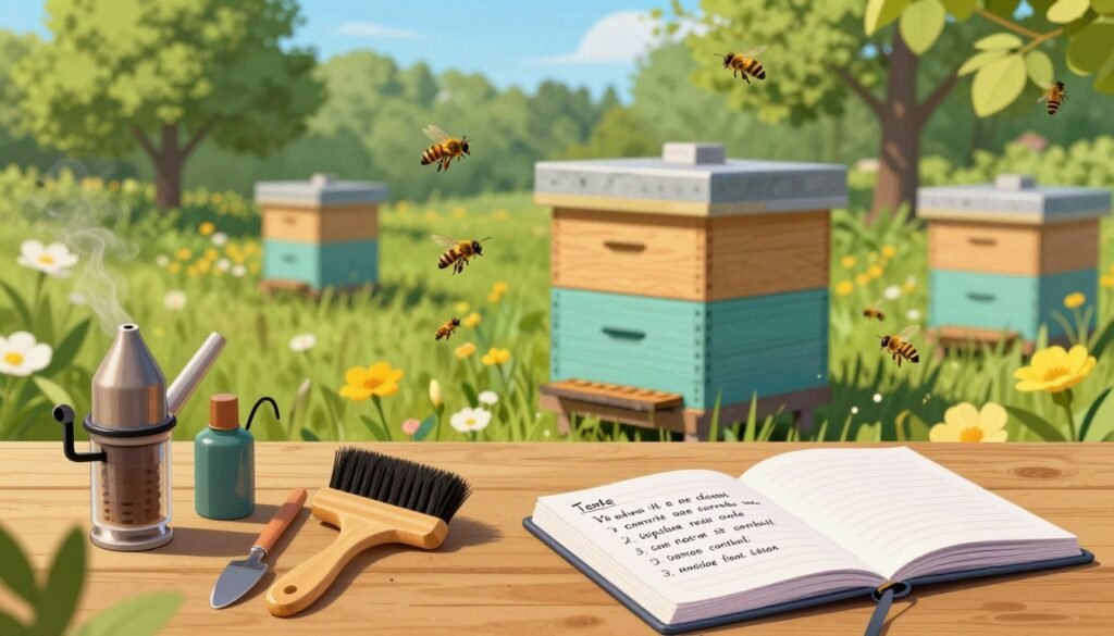 A detailed illustration of an integrated varroa management plan for a single apiary. In the foreground, a variety of beekeeping tools neatly arranged on a wooden table, including a smoker, hive tool, and bee brush, with an open notebook showing handwritten notes on varroa control methods. The middle ground features a well-maintained beehive surrounded by healthy blooming flowers, with bees actively flying around. The background showcases lush green trees under a clear blue sky, creating a vibrant setting. Soft, natural lighting enhances the scene, illuminating the tools and hive. The overall atmosphere is one of meticulous care and management, conveying the importance of effective beekeeping practices.