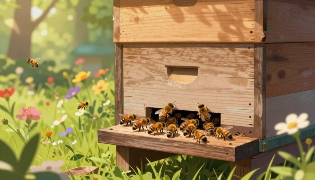 A detailed illustration of an optimal hive entrance set in a serene natural environment. In the foreground, a close-up of a wooden hive with a well-designed entrance, showcasing bee activity as they enter and exit, emphasized by delicate details of their wings and bodies. The middle ground features a lush floral landscape, with various flowering plants attracting bees, enhancing a vibrant ecosystem. In the background, soft sunlight filters through leafy trees, creating a warm, inviting atmosphere. The angle is slightly elevated, capturing the hive’s position within the environment. The overall mood is tranquil and harmonious, reflecting the health of the bee colony and its surroundings. Aim for a soft focus but with clear details, highlighting the hive’s entrance as the focal point.
