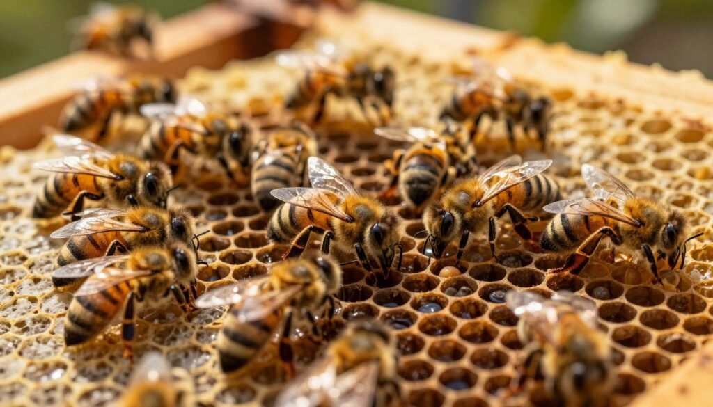 A detailed illustration of bee brood cycles in an active hive, focusing on capped and uncapped brood cells in the foreground, showcasing the varying stages of development. In the middle, include worker bees attending the brood, demonstrating their nurturing role, with some bees displaying a protective posture. The background features the hive structure, with light filtering through, creating a warm golden glow that emphasizes the life cycle and activity within. The scene should be rich in texture, with the intricate hexagonal patterns of the honeycomb clearly visible. Capture a close-up perspective to highlight the details of the brood and bees, establishing an informative yet serene atmosphere, reflecting the importance of timing in brood care for successful Varroa mite management.