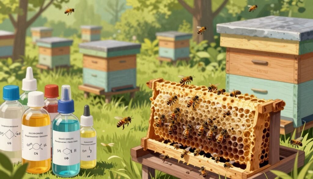 A detailed illustration of chemical interventions for controlling wax moth infestations in bee colonies. In the foreground, showcase several chemical solutions in clear bottles labeled with scientific symbols. The middle ground features healthy bee hives, rendered in warm colors to contrast with the destructive appearance of wax moth larvae making their way through combs, depicted with a focus on intricate details. In the background, a lush green apiary provides a serene environment, bathed in soft, natural light that highlights the dynamics of bee activity. Capture the scene from a slightly elevated angle to give a comprehensive view, with the atmosphere being proactive and educational, emphasizing the importance of intervention in preserving the hive's health.
