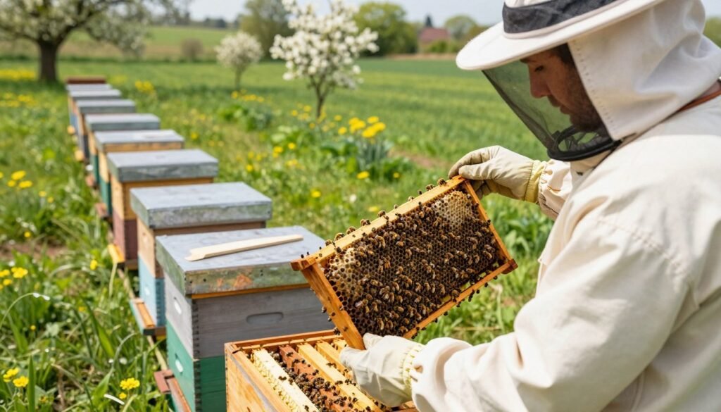 A detailed illustration of colony strength grading in a sunny outdoor setting, showcasing beekeepers assessing bee colonies. In the foreground, a beekeeper in professional attire holds a colony frame filled with bees, demonstrating an assessment. In the middle, several beehives are arranged in a row, each displaying varying levels of bee activity, representing different strength grades. The background features lush green fields and blooming flowers, emphasizing the pollination environment. Bright, natural lighting enhances the scene, casting soft shadows. The angle is slightly elevated, offering a comprehensive view of the grading process. The mood is focused and professional, highlighting the importance of evaluating bee colony strength before pollination contracts. A detailed illustration of colony strength grading in a sunny outdoor setting, showcasing beekeepers assessing bee colonies. In the foreground, a beekeeper in professional attire holds a colony frame filled with bees, demonstrating an assessment. In the middle, several beehives are arranged in a row, each displaying varying levels of bee activity, representing different strength grades. The background features lush green fields and blooming flowers, emphasizing the pollination environment. Bright, natural lighting enhances the scene, casting soft shadows. The angle is slightly elevated, offering a comprehensive view of the grading process. The mood is focused and professional, highlighting the importance of evaluating bee colony strength before pollination contracts.