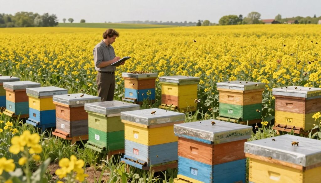 A detailed illustration of hive stocking rates for crop pollination, showcasing a harmonious landscape of blooming fields in the background. In the foreground, visualize a well-organized apiary with vibrant beehives, each labeled with clear, color-coded numbers indicating their respective hive densities. Bees are actively buzzing around the hives and flowers, highlighting the importance of pollination. In the middle ground, a professional agronomist, dressed in modest casual attire, examines flowering crops, using a clipboard to take notes on hive placement and crop yield potential. The scene is illuminated by soft, warm natural light, creating an inviting atmosphere. A wide-angle view captures the expansive field, emphasizing the relationship between hives and surrounding agricultural productivity.