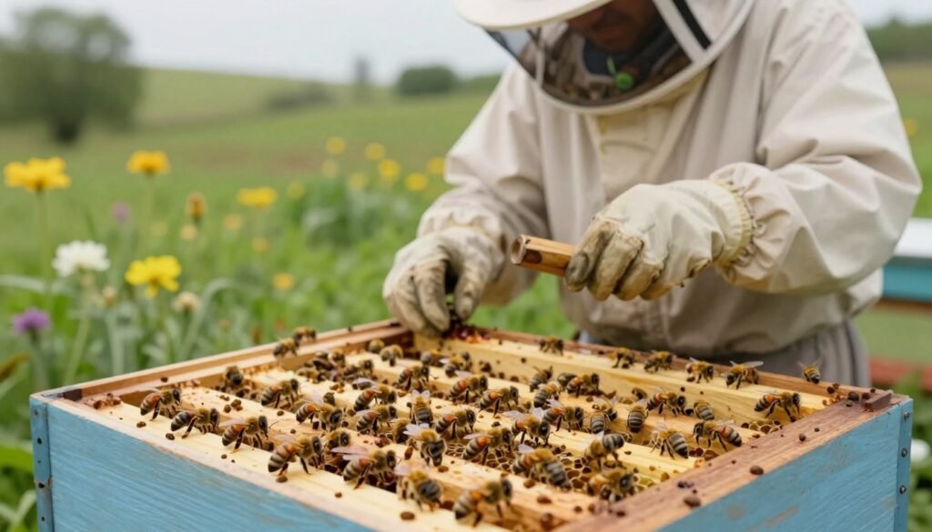A detailed illustration of integrated pest management strategies focusing on varroa mites in a beekeeping context. In the foreground, close-up shots of honeybees in a wooden hive, highlighting healthy bees interacting with their environment. The middle ground features a beekeeper in professional attire inspecting the hive, using a smoker for pest management. The background shows a lush, green landscape with flowering plants, symbolizing a healthy ecosystem. Soft, natural lighting enhances the scene, creating a calm and productive atmosphere. Capture the intricate details of the bees and hive, with a slightly blurred background to emphasize the action at hand.
