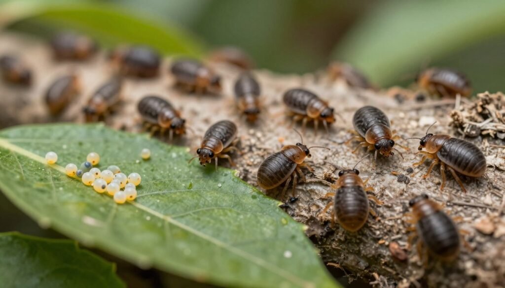 A detailed illustration of mite brood cycles, featuring a close-up of various mite species in different life stages — eggs, larvae, nymphs, and adults — on a textured leaf surface. In the foreground, a vibrant green leaf hosts clusters of mite eggs, dimly illuminated by soft, diffused sunlight, creating an intimate atmosphere. The middle section showcases the larvae and nymphs in various poses, depicting their growth and development dynamics, with a slight blur to suggest movement. The background should be a softly blurred natural environment, hinting at more foliage and a shallow depth of field. Employ a macro lens effect to emphasize the intricate details of the mites, their body structures, and surrounding habitat, evoking a sense of discovery and scientific inquiry.