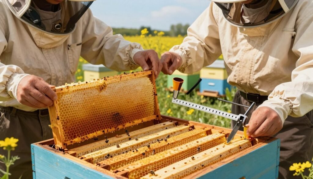 A detailed illustration of practical frame spacing methods for beekeeping, set in a well-lit apiary. In the foreground, a close-up view of a beekeeper in professional attire, adjusting frames of honeycomb within a wooden hive, showcasing narrow and standard frames side by side for comparative purposes. The middle ground features various spacing tools and equipment, such as spacers and frame grips, neatly arranged for clarity. The background includes a vibrant landscape of flowering plants and several beehives under a clear blue sky, creating a serene and productive atmosphere. The lighting is warm and natural, emphasizing the golden hues of the honeycomb while providing a sense of harmony with nature. A detailed illustration of practical frame spacing methods for beekeeping, set in a well-lit apiary. In the foreground, a close-up view of a beekeeper in professional attire, adjusting frames of honeycomb within a wooden hive, showcasing narrow and standard frames side by side for comparative purposes. The middle ground features various spacing tools and equipment, such as spacers and frame grips, neatly arranged for clarity. The background includes a vibrant landscape of flowering plants and several beehives under a clear blue sky, creating a serene and productive atmosphere. The lighting is warm and natural, emphasizing the golden hues of the honeycomb while providing a sense of harmony with nature.