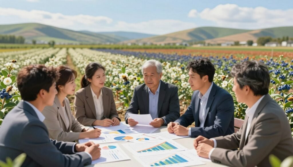 A detailed illustration of regional pollination demand in an agricultural setting. In the foreground, show a diverse group of farmers, dressed in professional business attire, discussing over a table filled with graphs and charts that depict crop pollination statistics. In the middle ground, blooming fields of various crops such as almonds and blueberries, with bees actively pollinating the flowers, highlighting the importance of pollination services. The background features rolling hills under a bright blue sky, symbolizing regional variations in agriculture. Soft, natural lighting enhances the scene, with a shallow depth of field to focus on the farmers while slightly blurring the fields behind them. The overall mood is one of collaboration and innovation in agriculture, emphasizing the economic significance of pollination services.
