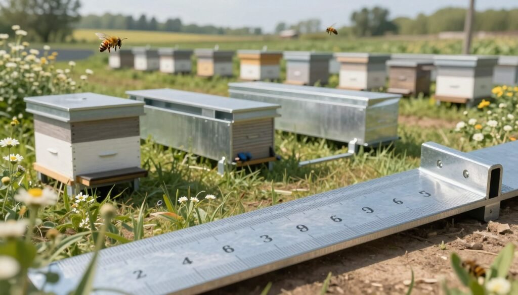 A detailed illustration of technical specifications for steel gauge used in windbreak panels. In the foreground, showcase a close-up of a steel gauge, with its precise measurements and textures clearly visible, emphasizing durability and strength. The middle ground features a collection of windbreak panels designed for open apiaries, highlighting the panels' robust framing and materials, placed against a natural setting of flowering plants. In the background, a soft-focus landscape of an open apiary, with bees buzzing around, creating a sense of harmony with nature. The scene is well-lit with natural sunlight filtering through, casting gentle shadows. The overall mood is one of innovation and resilience, suitable for conveying serious technical information in an inviting way.