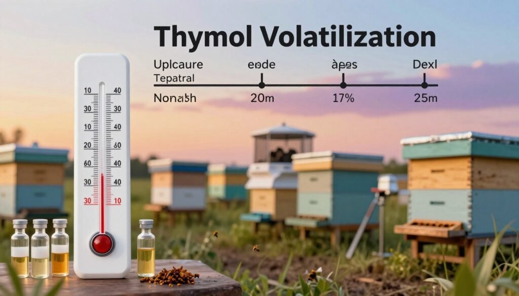 A detailed illustration of temperature requirements for thymol volatilization, focusing on a visually appealing and informative layout. In the foreground, display a thermometer prominently showing a range of temperatures optimal for thymol release, surrounded by small vials of thymol. The middle layer shows a variety of beekeeping equipment, such as hives and tools, subtly connected to the temperature readings. In the background, include a gradient sky transitioning from warm hues (indicating higher temperatures) to cooler tones, symbolizing the temperature range for effective volatilization. Use sharp, natural lighting to enhance the details and create a professional atmosphere. The mood should be scientific yet accessible, inviting viewers to engage with the content.