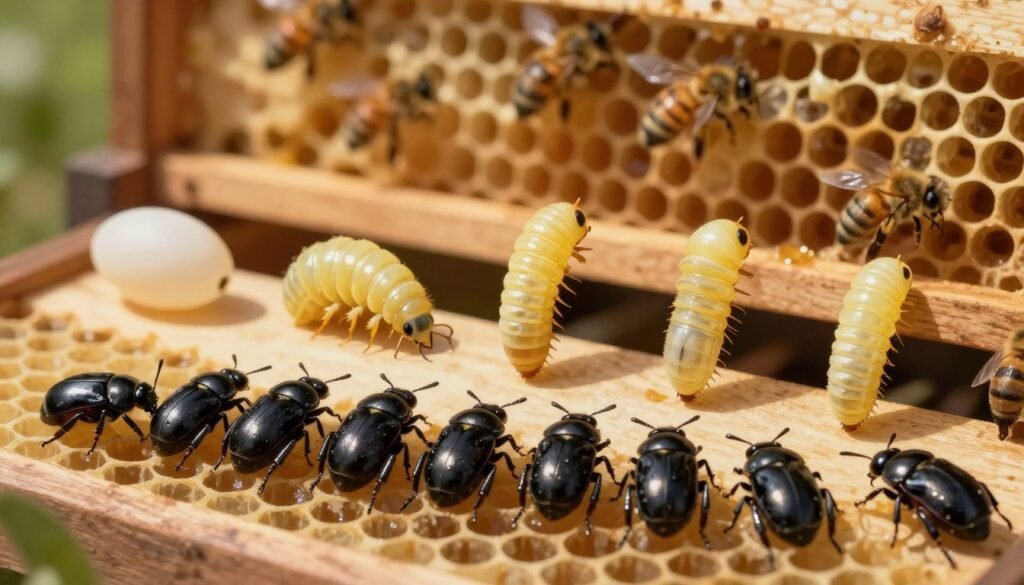 A detailed illustration of the hive beetle lifecycle, showcasing various stages: eggs, larvae, pupae, and adult beetles. In the foreground, focus on a cluster of shiny black hive beetles crawling among honeycomb cells filled with brood. In the middle, depict the lifecycle progression from eggs to larvae, presenting the larvae as pale yellow and slimy, indicating the potential for slimy brood in a hive context. The background features a blurred view of a beehive filled with honey and bees, casting warm, natural light to create a sense of realism. The atmosphere should evoke concern and curiosity, with soft shadows and a slightly muted color palette to emphasize the serious topic of hive health. Use a macro lens perspective to capture intricate details, ensuring clear visibility of the lifecycle stages without distractions.
