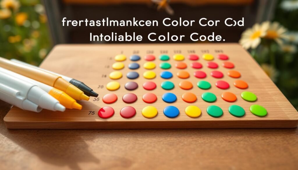 A detailed illustration of the international queen color code used for bee marking, prominently featuring vibrant circles in distinct colors: white, yellow, red, blue, and green, each labeled with corresponding years in a clean, modern font. Foreground: a polished wooden board displaying the color-coded markers, with close-up focus on the pens' tips for precision. Middle: an array of labeled colored dots, arranged in a neat grid, allowing for easy comparison. Background: a blurred natural scene of a beehive and flowers, creating a warm, sunny atmosphere. The image should have soft, diffused lighting to enhance the colors' vibrancy, shot from a slight overhead angle, providing clarity and inviting curiosity about the coding system. A detailed illustration of the international queen color code used for bee marking, prominently featuring vibrant circles in distinct colors: white, yellow, red, blue, and green, each labeled with corresponding years in a clean, modern font. Foreground: a polished wooden board displaying the color-coded markers, with close-up focus on the pens' tips for precision. Middle: an array of labeled colored dots, arranged in a neat grid, allowing for easy comparison. Background: a blurred natural scene of a beehive and flowers, creating a warm, sunny atmosphere. The image should have soft, diffused lighting to enhance the colors' vibrancy, shot from a slight overhead angle, providing clarity and inviting curiosity about the coding system.