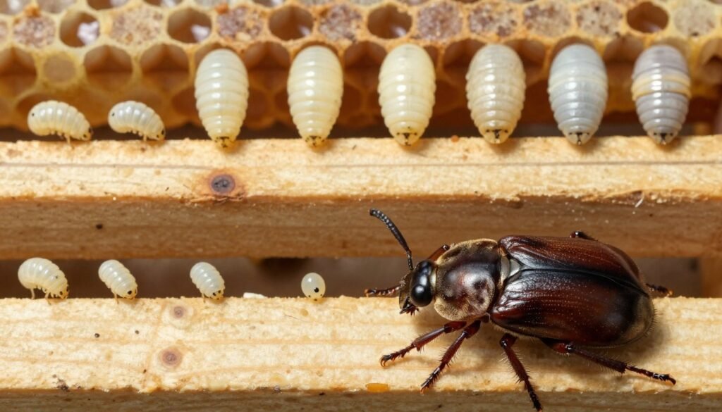 A detailed illustration of the life cycle of Aethina tumida, the small hive beetle. In the foreground, prominently feature the adult beetle with its distinctive dark brown body and rounded shape. Include multiple stages in the middle layer: beetle eggs, small larvae (about 1 cm long, creamy-white), and pupae with a soft, pale hue. The background should depict a beehive environment with wooden frames and honeycomb, emphasizing a natural habitat. Utilize soft, natural lighting to enhance the organic feel, capturing the intricate details of each life stage. The atmosphere should evoke a sense of careful observation and study, making the viewer feel intrigued and informed about this pest's life cycle. No text or annotations in the image.
