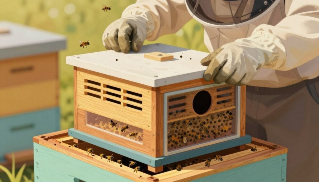 A detailed illustration of the mechanics of a standard queen cage in a beekeeping setting. In the foreground, focus on the fully assembled queen cage, showcasing its features like the entrance hole, ventilation slots, and a transparent chamber for observation, all rendered with intricate details. In the middle ground, include a beekeeper's gloved hand positioning the cage against a hive frame, dressed in professional protective attire. In the background, depict a blurred bee colony with gentle hues of yellow and black, and soft, warm lighting to create an inviting atmosphere. The image should capture a close-up angle that emphasizes the cage's mechanics, with a depth of field that enhances the key elements, evoking a sense of careful craftsmanship and attention to detail in beekeeping practices.