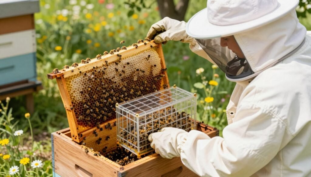 A detailed illustration of the queen trapping procedure during bee handling. In the foreground, a beekeeper in a white protective suit, wearing a veil, carefully holds a transparent queen cage with a queen bee inside. The middle layer features a wooden hive, with open frames displaying bees, and honeycomb, highlighting the natural environment of beekeeping. The background showcases a sunny, outdoor apiary with wildflowers, enhancing the peaceful, vibrant atmosphere. Soft natural light filters through the trees, creating dappled shadows on the ground. The scene captures the precision and care involved in the queen trapping process, conveying a sense of respect for the bees and their habitat. The angle is slightly top-down, focusing on the beekeeper's actions and the vibrant life within the hive.