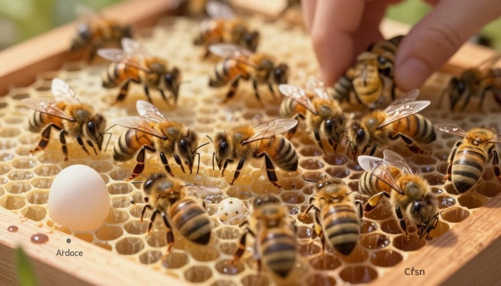 A detailed illustration of the stages of bee development, showcasing the life cycle from egg to adult bee. In the foreground, organize the various stages—an egg, larva, and pupa—on a honeycomb frame, each section clearly labeled with subtle indicators. In the middle ground, depict young bees in the process of emerging from their cells, with delicate wings unfurling. The background features a soft-focus view of a beehive, filled with worker bees tending to the brood. Use warm, diffused sunlight to create an inviting atmosphere, highlighting the textures of the bee bodies and the hexagonal patterns of the honeycomb. A macro lens effect emphasizes the details of each developmental stage, creating a sense of wonder about the intricate world of bees.