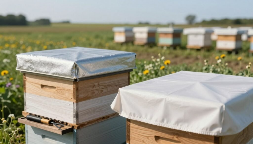 A detailed illustration of two beehive cover types, prominently featuring an insulated hive top on the left, showcasing its sturdy, thick design with thermal properties, contrasted with a plain telescoping cover on the right, highlighting its simple, flat structure. In the foreground, place tools like a hive tool and smoker for a commercial beekeeping context, emphasized with soft, natural lighting that enhances the textures of the covers. In the middle ground, a field of flowering plants and a distant apiary indicate an outdoor setting. The background should include a blurred blue sky, creating a peaceful and productive atmosphere, reflecting the logistical considerations involved in beekeeping. Use a shallow depth of field to focus on the covers while softly blurring the background. The overall mood should be calm and informative.
