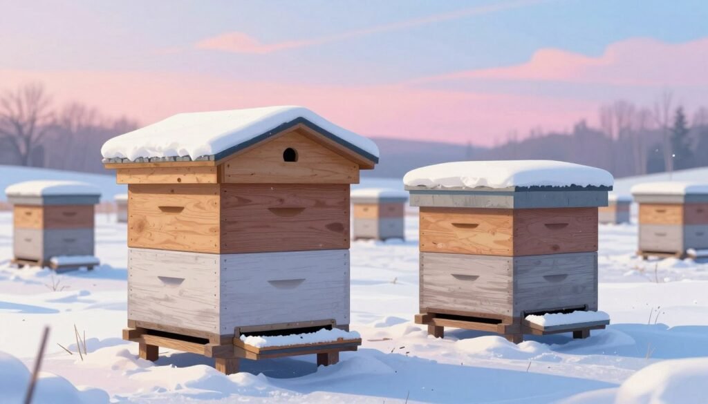 A detailed illustration of two distinct types of inner cover designs for beekeeping hives in winter, capturing their structural differences. In the foreground, a well-constructed upper entrance hive cover, showcasing a sloped roof made of insulated wood, adorned with a small entrance hole. Beside it, a lower entrance design, featuring a more boxy shape with a wider door, both visibly insulated. The middle ground reveals a snowy landscape with beehives clustered together, glistening under soft, diffused sunlight, enhancing the winter ambiance. In the background, a pastel-colored sky transitioning from soft pink to cool blue, casting gentle shadows on the scene. The overall mood should feel calm and serene, evoking the tranquility of winter beekeeping.