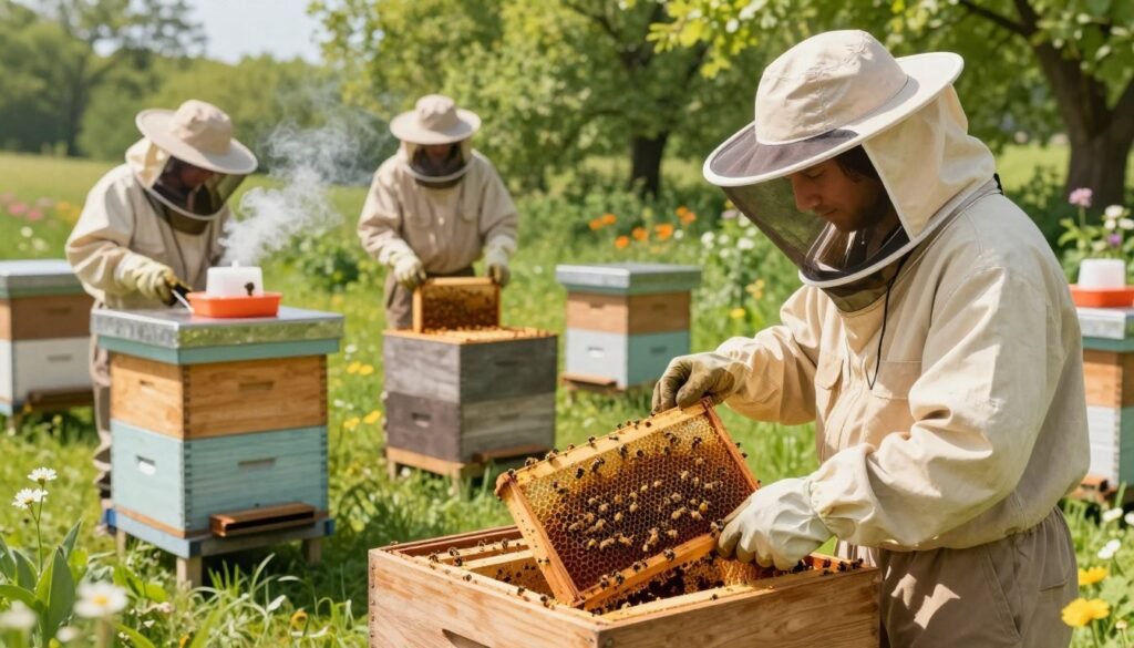 A detailed illustration of various methods for installing package bees, set in a bright outdoor apiary. In the foreground, a beekeeper in professional attire carefully opens a wooden package filled with honey bees, sporting protective gear like a veil and gloves. The middle ground showcases several installation techniques, including a framed hive being prepared, a smoker producing wisps of smoke, and tools like a hive tool and feeder nearby. The background features lush green trees and flowering plants, creating a vibrant atmosphere. The scene is bathed in warm, natural daylight, with soft shadows enhancing the depth of the image. The overall mood is educational and encouraging, reflecting the meticulous nature of beekeeping.