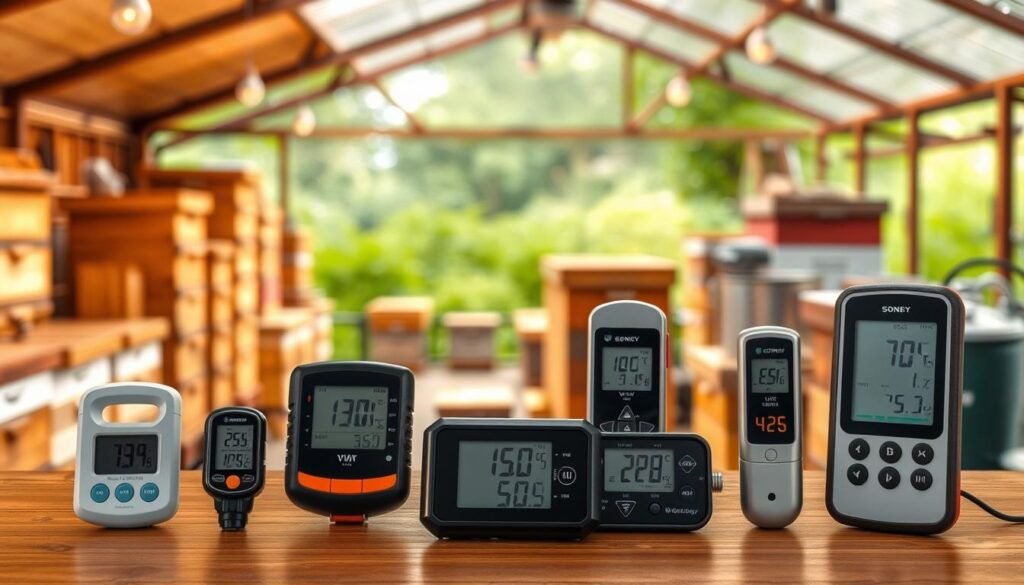 A detailed illustration of various temperature sensor options for monitoring honey rooms in an apiary. In the foreground, display a selection of digital thermometers with sleek designs and high-tech features, including LCD screens and wireless connectivity. In the middle ground, showcase an organized workspace with beekeeping tools, like hives and honey extraction equipment, subtly blurred to focus on the sensors. The background should depict a softly lit apiary with wooden beehives surrounded by lush greenery, creating a serene and natural atmosphere. Use warm, inviting lighting to enhance the scene, creating an atmosphere of professionalism and expertise. The angle should be slightly elevated, capturing the essence of the workspace without distractions. Ensure there are no people in the image.