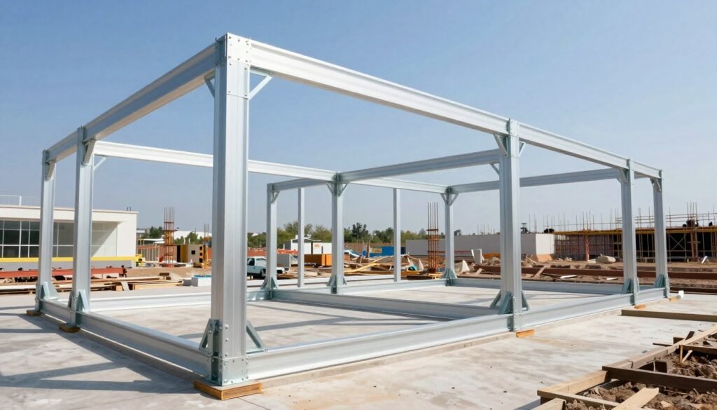 A detailed illustration showcasing structural support for foundationless frames, prominently featuring innovative bracing and connectors in the foreground. The middle layer consists of various frame configurations, demonstrating how these supports integrate seamlessly into diverse architectural designs. The background includes a bright, modern construction site, with clear blue skies and natural light illuminating the scene. Use a wide-angle lens to emphasize the scale and intricacy of the engineering elements, capturing expert craftsmanship. The mood is professional and clean, conveying an atmosphere of innovation and reliability while focusing on structural integrity. Ensure there are no people in the image to maintain a clear technical focus.