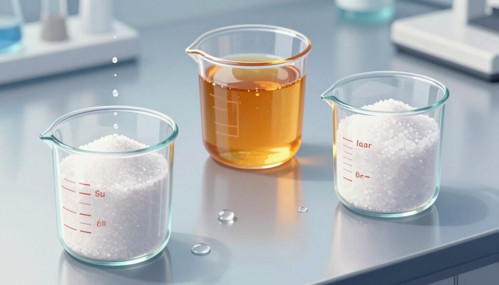 A detailed illustration showcasing the effects of sugar and salt on water availability. In the foreground, display a laboratory scene with measuring cups filled with sugar and salt, with water droplets forming around them to signify moisture loss. In the middle ground, depict two transparent containers—one with a honey-like viscous fluid and the other with a crystalline mixture—illustrating differences in water activity levels. The background features a subtle gradient to evoke a laboratory setting, with faint reflections on a polished countertop. Use soft, diffused lighting to create a clean, clinical mood, focusing on clarity and precision. The angle is a slight overhead view, providing a comprehensive perspective on how solutes impact water availability in different substances. A detailed illustration showcasing the effects of sugar and salt on water availability. In the foreground, display a laboratory scene with measuring cups filled with sugar and salt, with water droplets forming around them to signify moisture loss. In the middle ground, depict two transparent containers—one with a honey-like viscous fluid and the other with a crystalline mixture—illustrating differences in water activity levels. The background features a subtle gradient to evoke a laboratory setting, with faint reflections on a polished countertop. Use soft, diffused lighting to create a clean, clinical mood, focusing on clarity and precision. The angle is a slight overhead view, providing a comprehensive perspective on how solutes impact water availability in different substances.