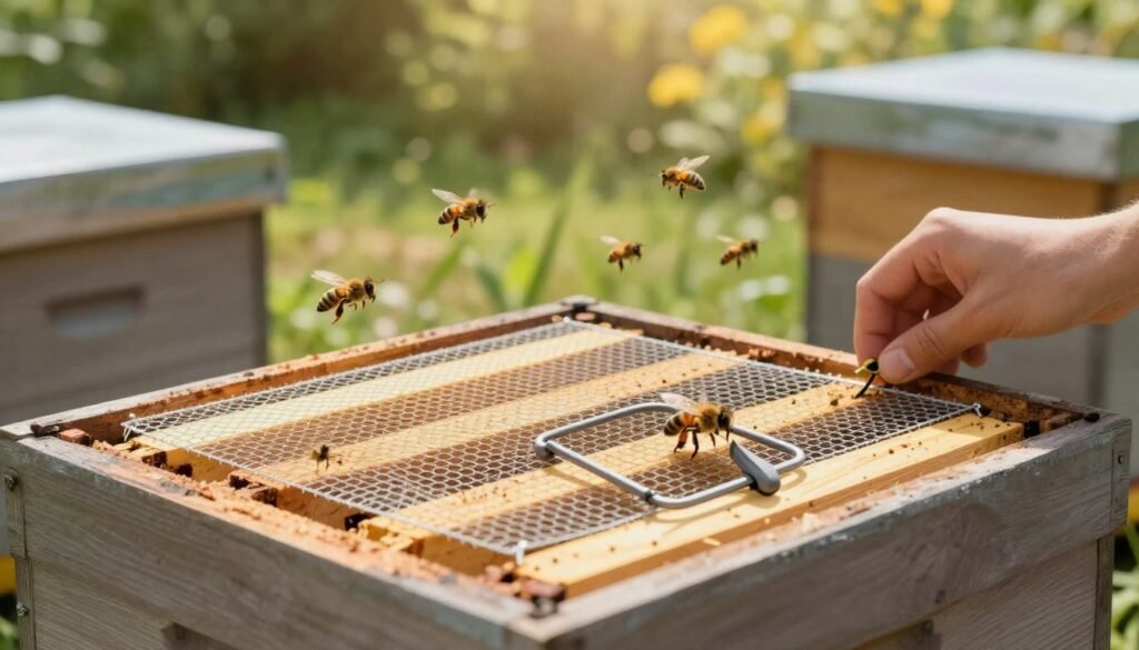 A detailed illustration showcasing the process of adding a mouse guard to a beehive without obstructing drone activity. In the foreground, a close-up view of a beehive with a partially installed mouse guard, crafted from fine mesh, ensuring clarity of the installation process. The middle ground features bees, including drones, actively flying around the hive, showcasing their natural behavior. In the background, a tranquil garden setting with gentle sunlight filtering through trees, adding a warm and inviting atmosphere. The image should have a slightly elevated angle for a better overview of the beehive and surroundings, with soft, natural lighting to enhance focus on the mouse guard installation. The overall mood is instructional and engaging, perfect for a practical guide.
