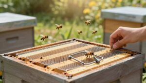 A detailed illustration showcasing the process of adding a mouse guard to a beehive without obstructing drone activity