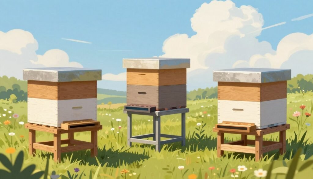 A detailed illustration showing a variety of hive stand options ideal for new beekeepers. In the foreground, display three distinct styles of hive stands: a wooden stand with sturdy legs, a metal adjustable stand, and a simple block-style stand. Each stand should have a beehive placed on top, highlighting their stability and height. In the middle ground, include a grassy area with wildflowers, suggesting a natural environment for the hives. The background features a sunny, blue sky with fluffy white clouds, creating a warm and inviting atmosphere. Use soft, natural lighting to enhance the overall feel of the scene. The angle should be slightly elevated, allowing a clear view of both the hive stands and the landscape around them. The mood should be serene and educational, reflecting the peacefulness of beekeeping. A detailed illustration showing a variety of hive stand options ideal for new beekeepers. In the foreground, display three distinct styles of hive stands: a wooden stand with sturdy legs, a metal adjustable stand, and a simple block-style stand. Each stand should have a beehive placed on top, highlighting their stability and height. In the middle ground, include a grassy area with wildflowers, suggesting a natural environment for the hives. The background features a sunny, blue sky with fluffy white clouds, creating a warm and inviting atmosphere. Use soft, natural lighting to enhance the overall feel of the scene. The angle should be slightly elevated, allowing a clear view of both the hive stands and the landscape around them. The mood should be serene and educational, reflecting the peacefulness of beekeeping.
