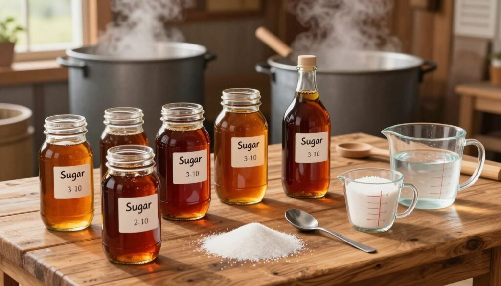 A detailed illustration showing various sugar syrup ratios for managing syrup in a maple syrup production setting. In the foreground, there are clear glass jars filled with different sugar syrup mixtures labeled with their corresponding ratios. In the middle, a wooden table is adorned with measuring cups and spoons scattered with granulated sugar and water, indicating preparation for syrup mixing. The background features a well-lit maple syrup processing area with large pots and a steaming setup, showcasing the rustic atmosphere of a sugar shack. Warm, natural lighting illuminates the scene, creating an inviting, cozy feel that conveys the artisanal nature of syrup production. The composition captures the essence of seasonal preparation and the importance of precise syrup ratios.