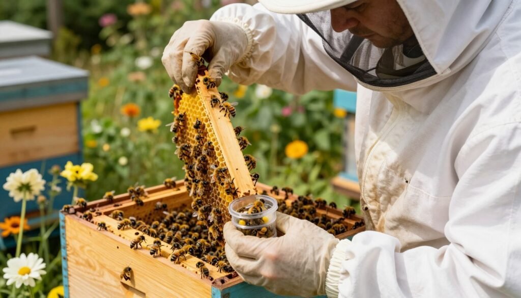 A detailed image of a beekeeper in a white, protective suit carefully requeening a beehive, focusing on a vibrant, healthy queen bee in the center of the frame. In the foreground, the beekeeper gently holds a small, transparent container showcasing the new queen bee, surrounded by worker bees. The middle ground shows the wooden hive with its vibrant yellow and black residents actively buzzing around, while some bees land on flowers nearby. The background features a lush garden with blooming flowers and greenery, under warm, natural sunlight. The atmosphere is calm and harmonious, reflecting the careful and nurturing process of beekeeping, with a shallow depth of field to emphasize the subjects in focus.