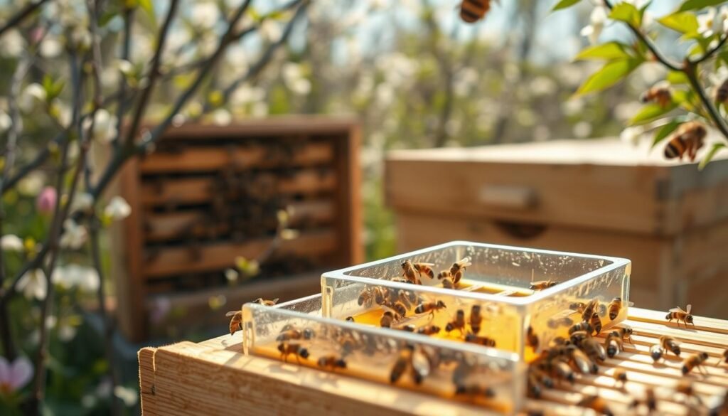 A detailed image of a frame top feeder designed for beekeeping. In the foreground, showcase the frame top feeder filled with a light amber liquid, surrounded by bees busily gathering sustenance. The feeder should be made of clear plastic to highlight its features, with an intricate design allowing for easy monitoring. In the middle ground, depict a well-maintained hive in soft focus, painted in natural wood tones, partially opened to reveal frames teeming with bees. In the background, a bright spring garden with blooming flowers and gentle sunlight filtering through leaves creates a vibrant atmosphere. Use soft, natural lighting to evoke a sense of warmth and productivity, capturing the essence of springtime buildup in a beekeeping environment. The perspective should be slightly angled to focus on the feeder and the hive for depth.